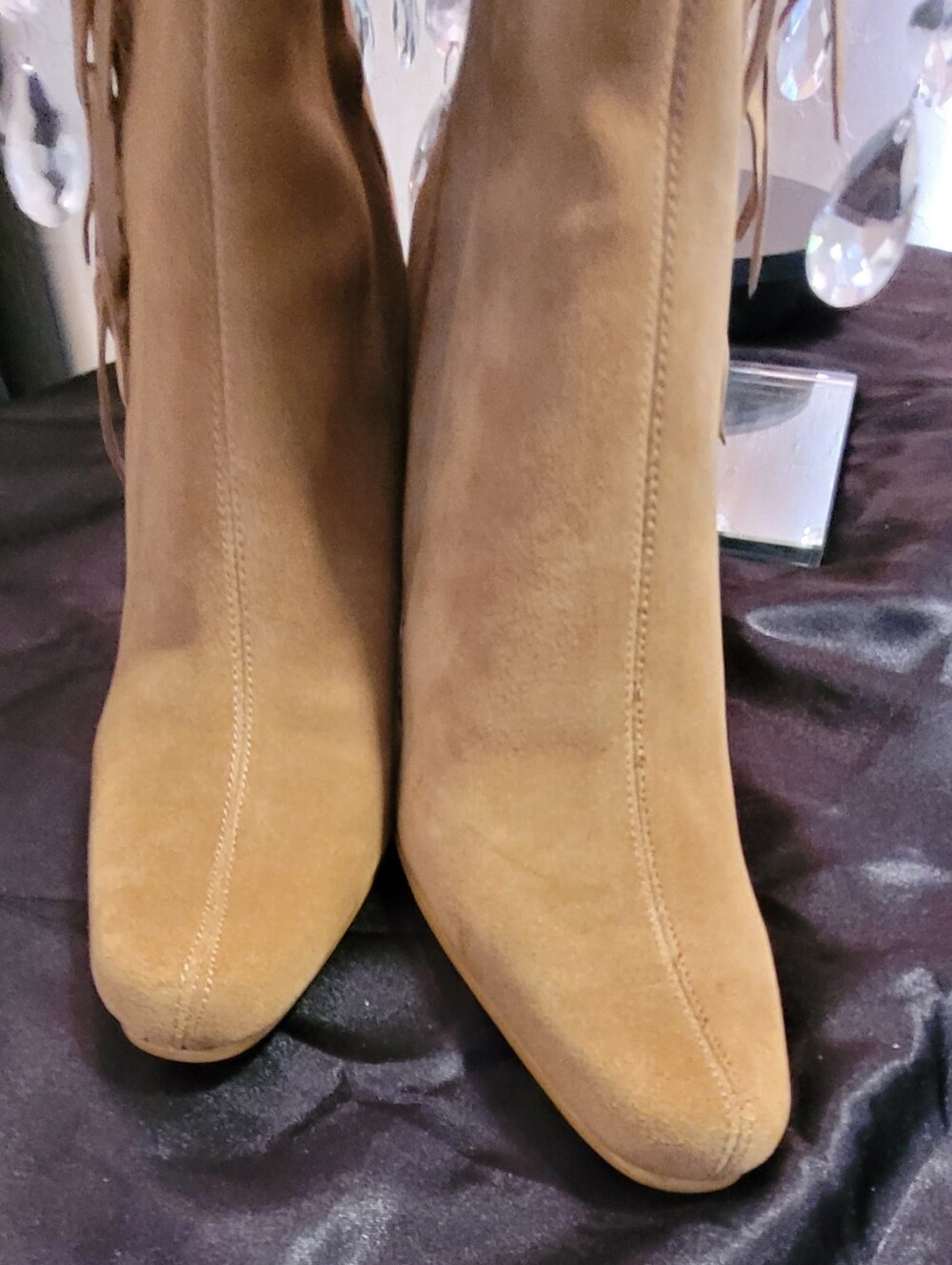 MIA Tan Suede Fringed Tall Western Boots. Y2K Size 6.5 Stiletto Heels 4in - Picture 8 of 17